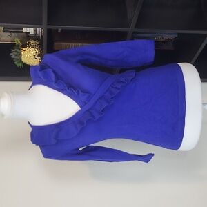 BANANA REPUBLIC Blue Extra Fine Merino Wool Ruffle V-neck 3/4 Sleeve Sweater